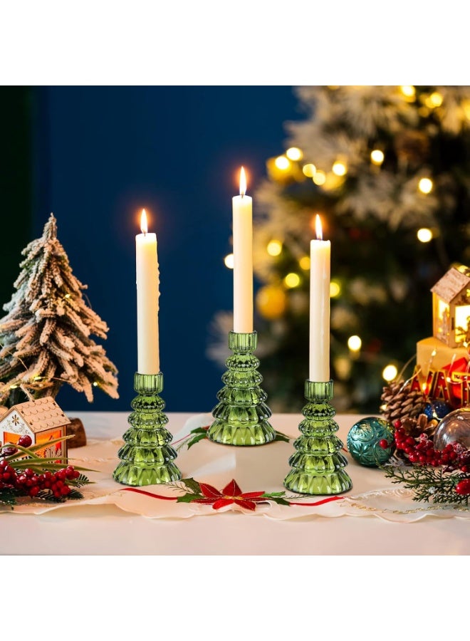 Christmas Tree Candle Holders: Set of 3 Glass Candlestick Holders Green Candle Sticks Holder Modern Christmas Candle Holder for Taper Candles Home Decor Table Centrepiece Decorations Gift - Image 3